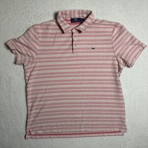 Vineyard Vines Mens Large Pink White Striped Short Sleeve Pique Polo Shirt L Y2K